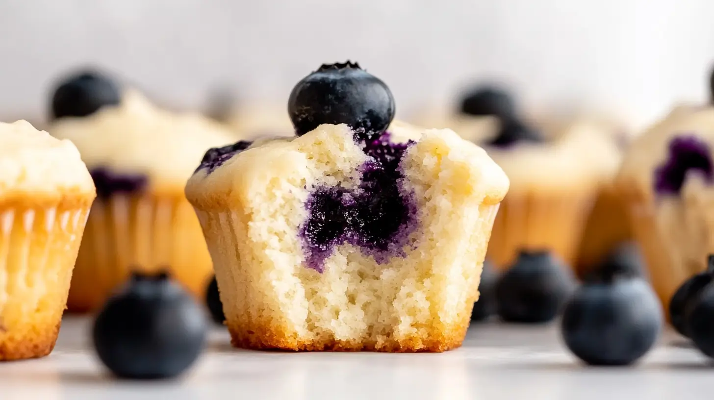 Blueberry cheesecake muffin with a bite taken out, revealing a creamy blueberry filling.