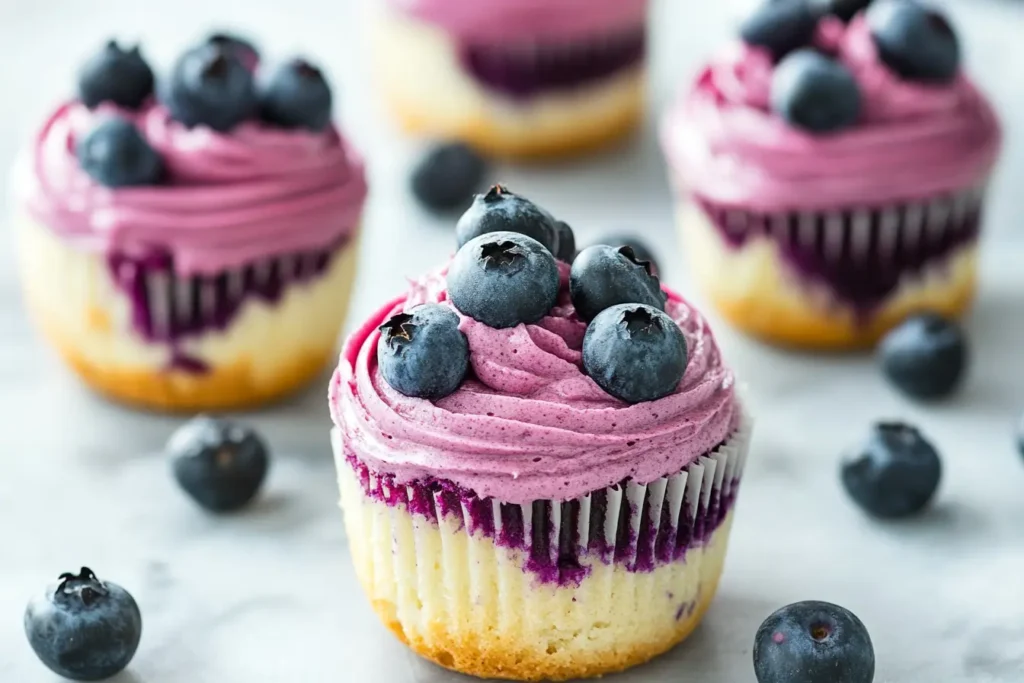 Blueberry cheesecake muffins topped with blueberry frosting and fresh blueberries.