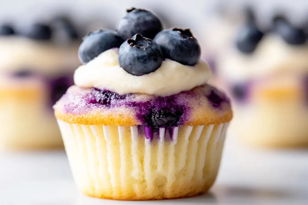 Blueberry cheesecake muffin topped with fresh blueberries and a dollop of cream.