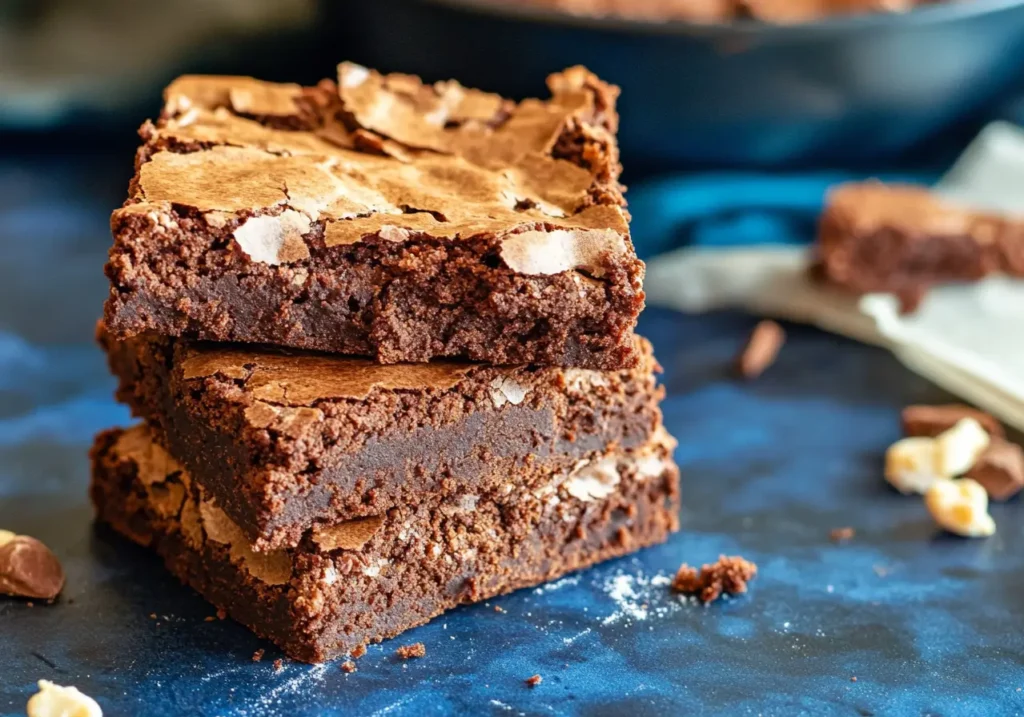 Stack of cakey chocolate brownies with a crispy top layer and gooey interior.
