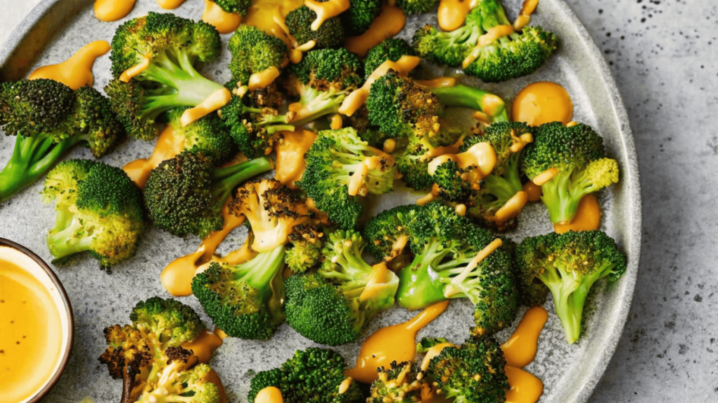 Roasted broccoli topped with melted cheese sauce, served on a grey plate, with a small bowl of extra cheese sauce on the side.