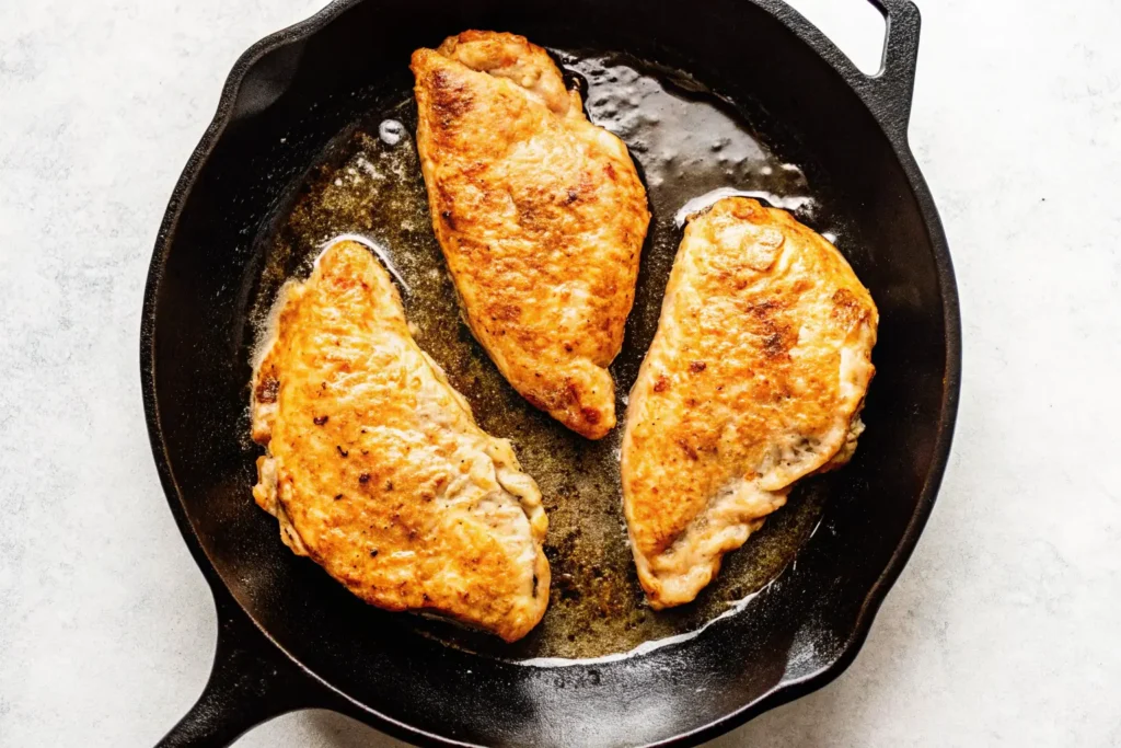 Three golden-brown, pan-seared chicken breasts in a cast-iron skillet, an essential step to prepare Cheesecake Factory Chicken Piccata.