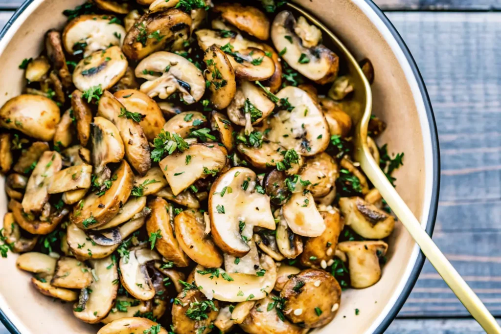 A close-up of sautéed mushrooms garnished with fresh herbs.