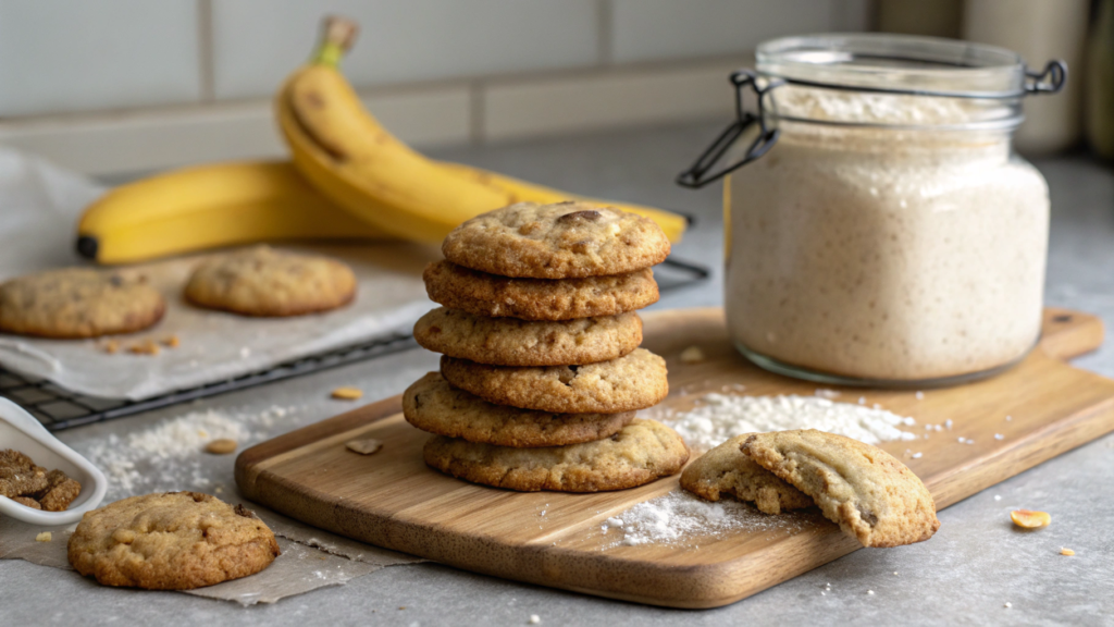 A batch of banana bread cookies cooling on a kitchen counter, surrounded by baking ingredients.