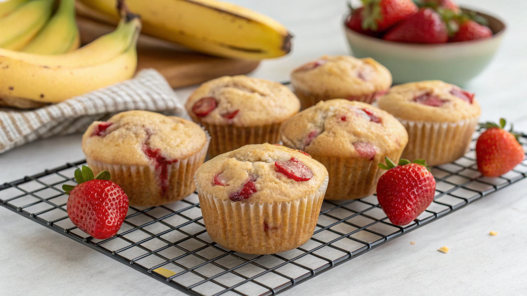 Freshly baked strawberry banana muffins on a cooling rack with strawberries and bananas, showcasing soft golden muffins.