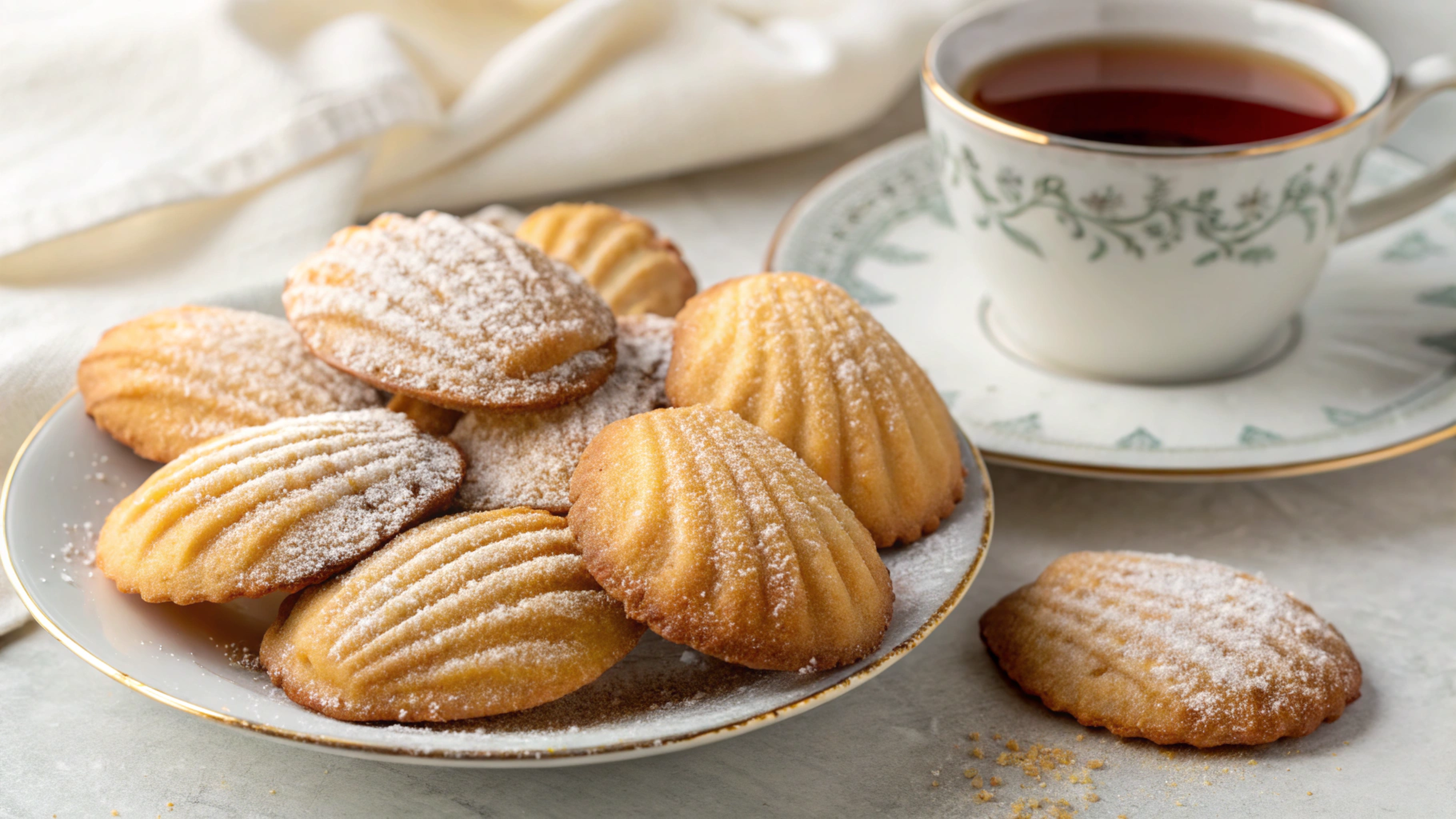 Madeline cookies recipe using cream, golden-brown shell-shaped cookies with powdered sugar, served with a cup of tea.