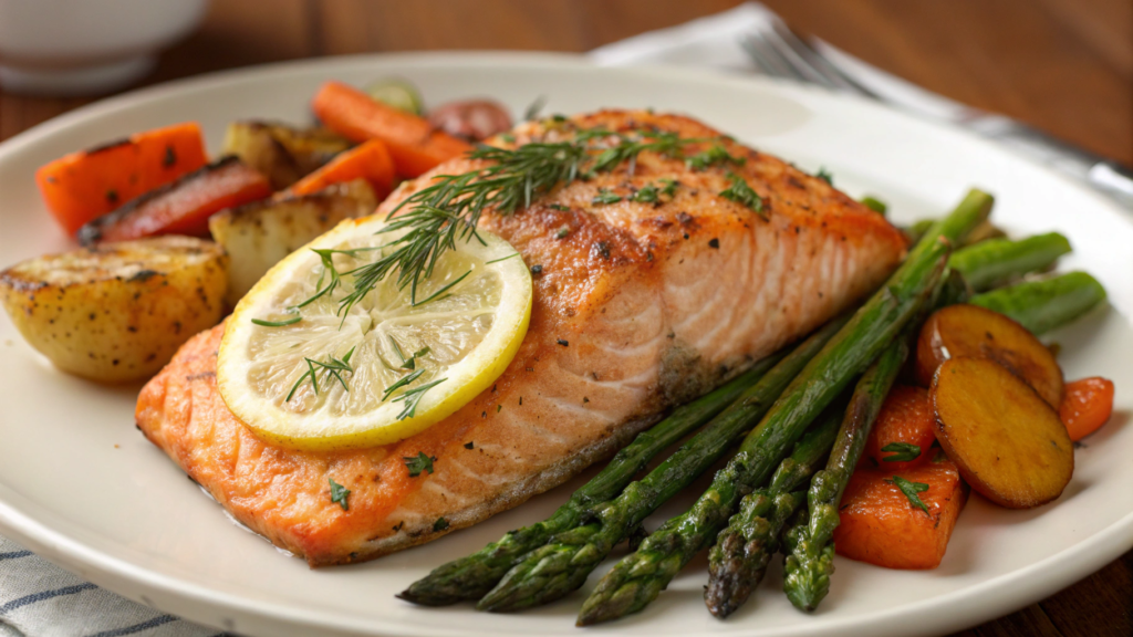 Crispy air fryer salmon fillet served with roasted vegetables, garnished with lemon and herbs.