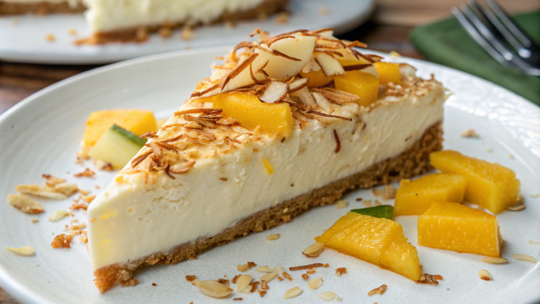 Delicious coconut cheesecake with toasted coconut flakes on top, showcasing a creamy texture.