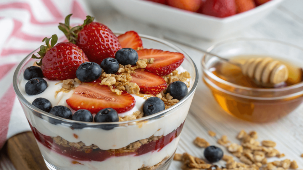 A close-up of a layered Greek Yogurt Parfait with strawberries, blueberries, granola, and honey drizzle.