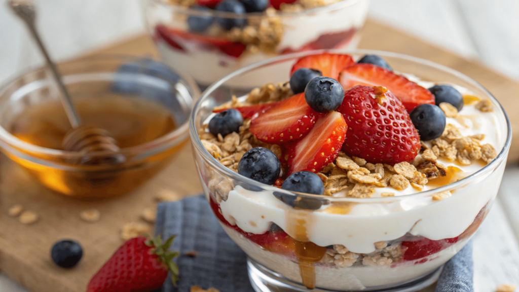 A close-up of a layered Greek Yogurt Parfait with strawberries, blueberries, granola, and a drizzle of honey.