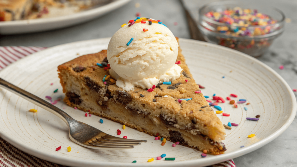 Close-up of a cookie mix cake with vanilla ice cream and colorful sprinkles.