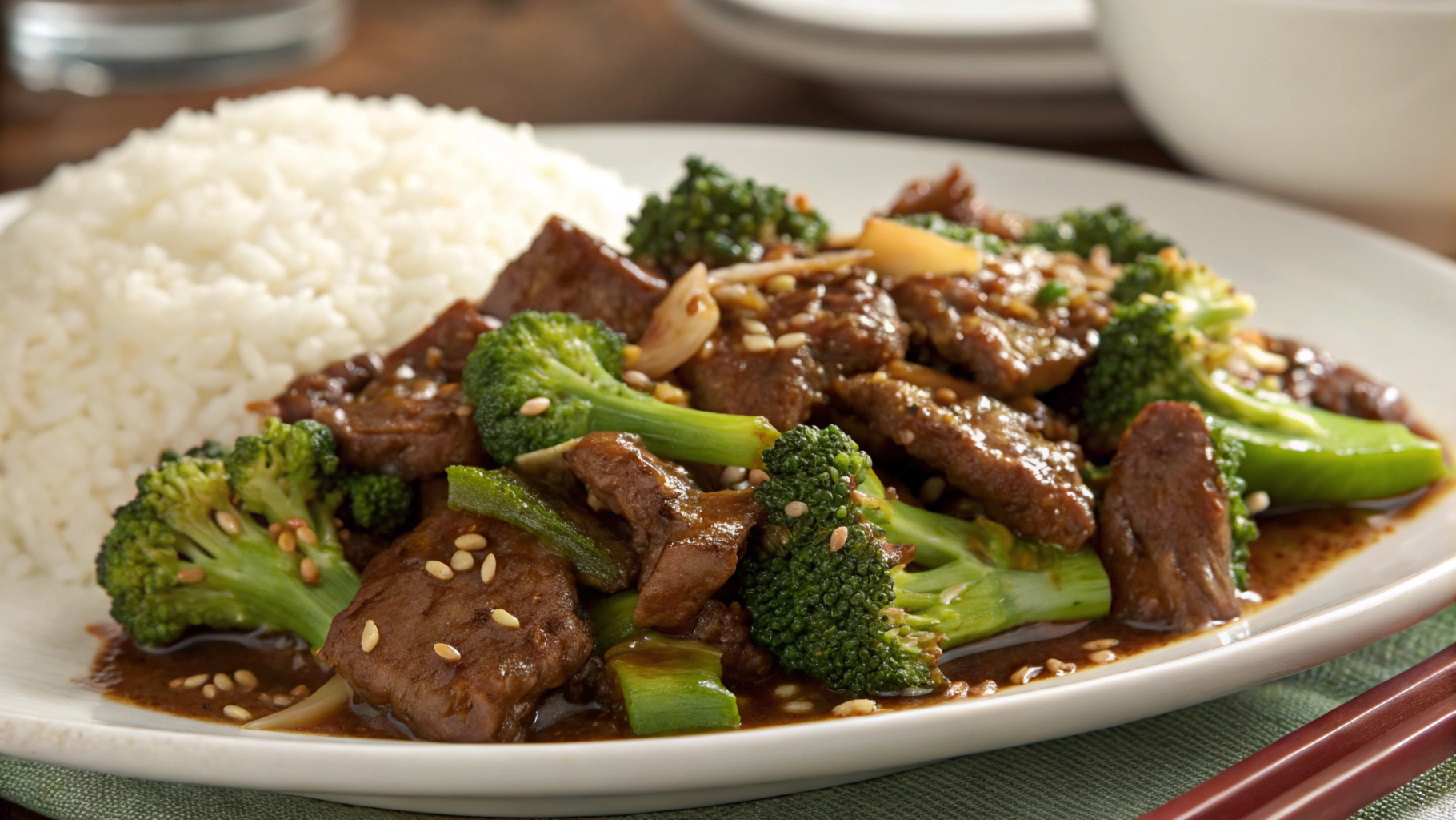 Plate of beef and broccoli Panda Express style with tender beef slices and crisp broccoli in savory sauce, served with white rice.