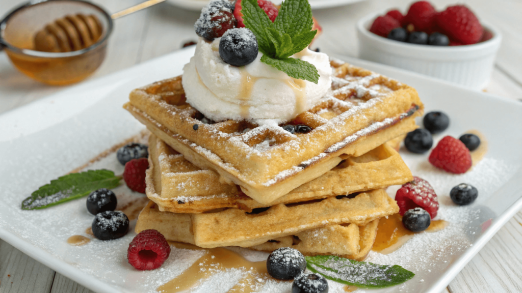 Stack of golden banana waffles topped with whipped cream, fresh berries, mint leaves, and a drizzle of syrup.