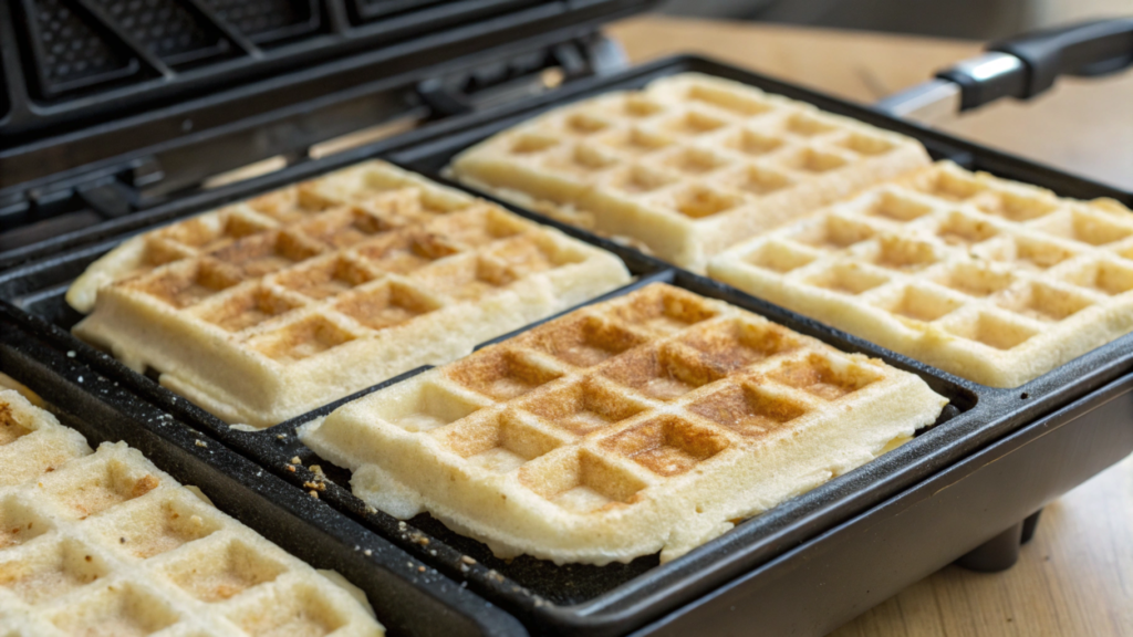 Almond flour waffle batter cooking in a waffle iron with crispy golden edges.