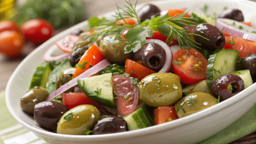 A colorful olive salad with Kalamata, green, and black olives, tomatoes, cucumbers, red onions, and fresh herbs, all drizzled with dressing.