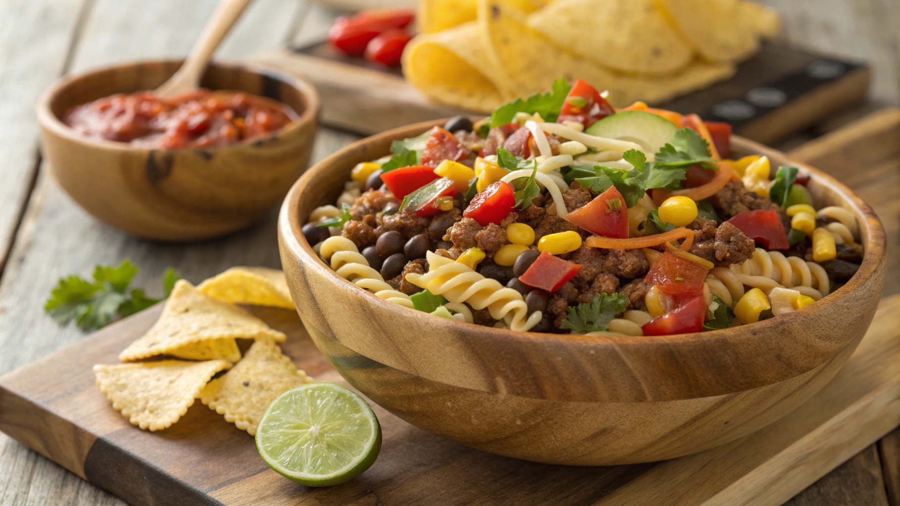 Delicious taco pasta salad recipe featuring spiral pasta, black beans, corn, and fresh toppings