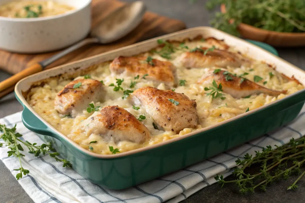 Baked chicken breasts on creamy rice casserole, garnished with fresh parsley.