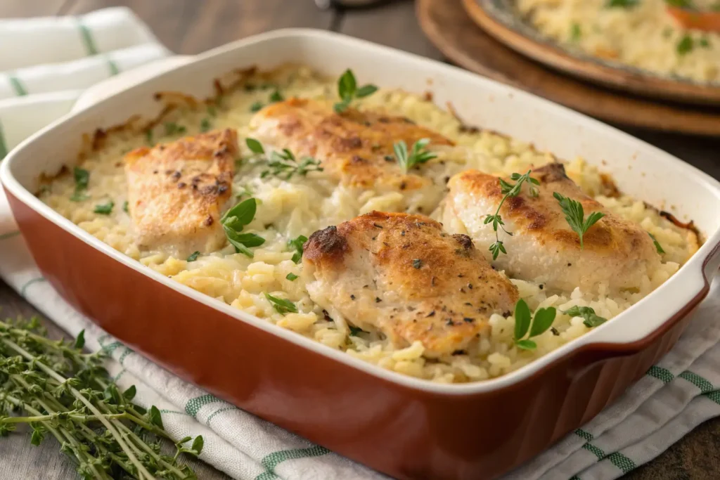 A comforting Forgotten Chicken Casserole featuring tender chicken, creamy rice, and golden-brown crust, garnished with fresh herbs