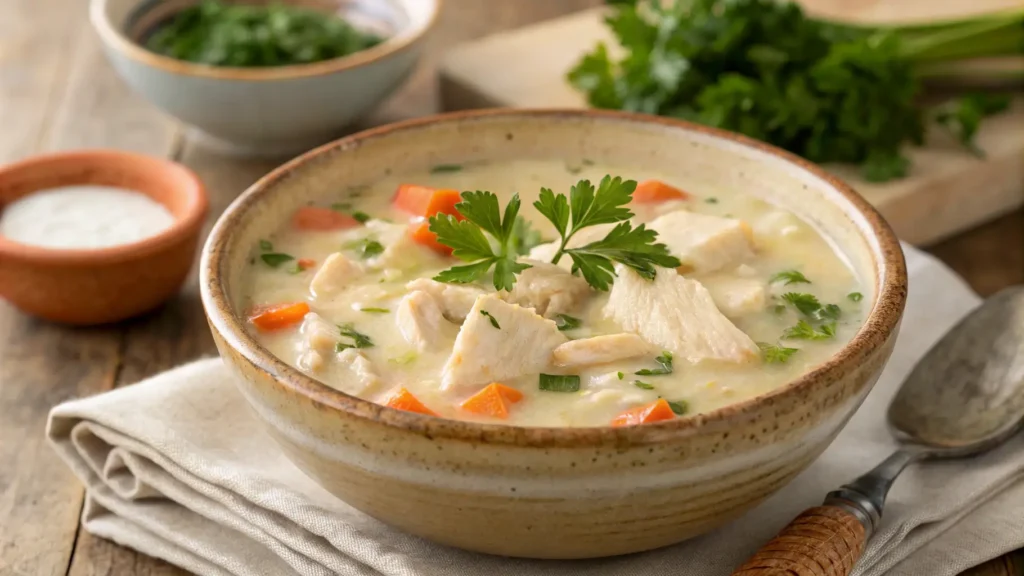 Creamy chicken soup with chicken breast, carrots, and fresh parsley in a bowl.