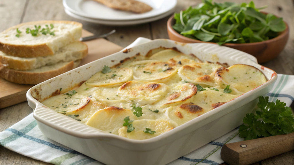 Quick potato bake recipe with creamy potatoes, cheese, and herbs, served with a side of salad and crusty bread.