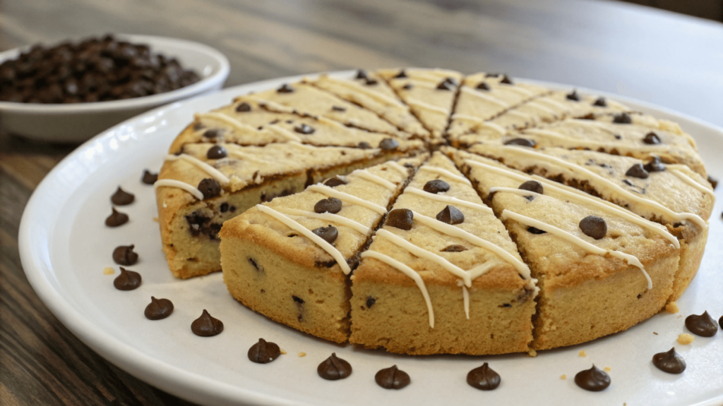 Cookie mix cake sliced on a plate with chocolate chips and frosting
