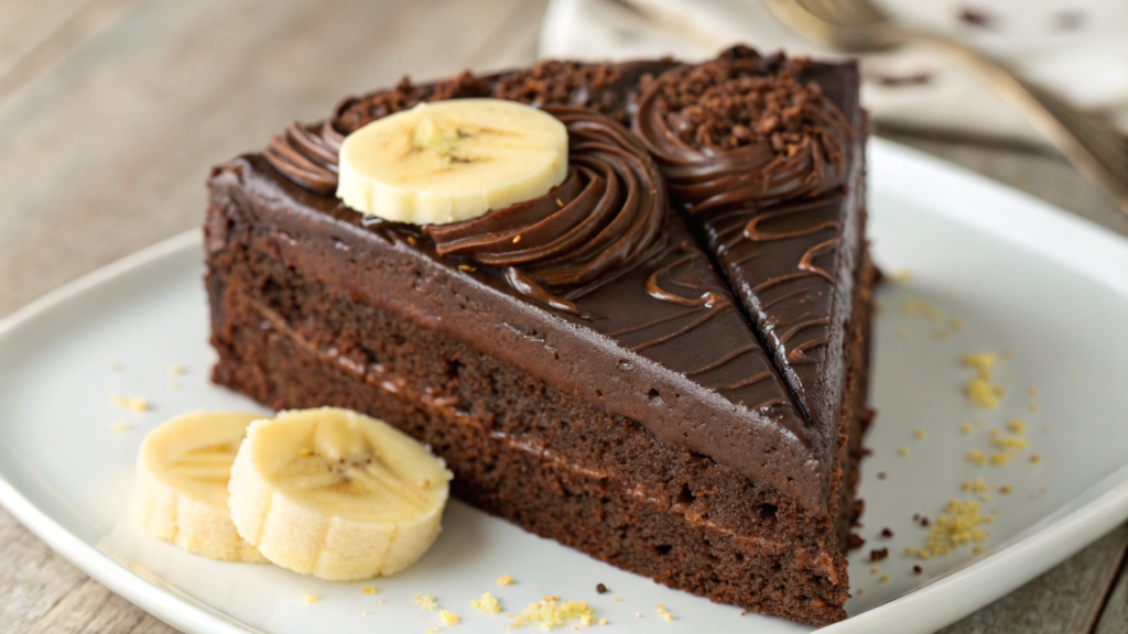 Delicious slice of chocolate banana cake topped with fresh banana slices and chocolate ganache.