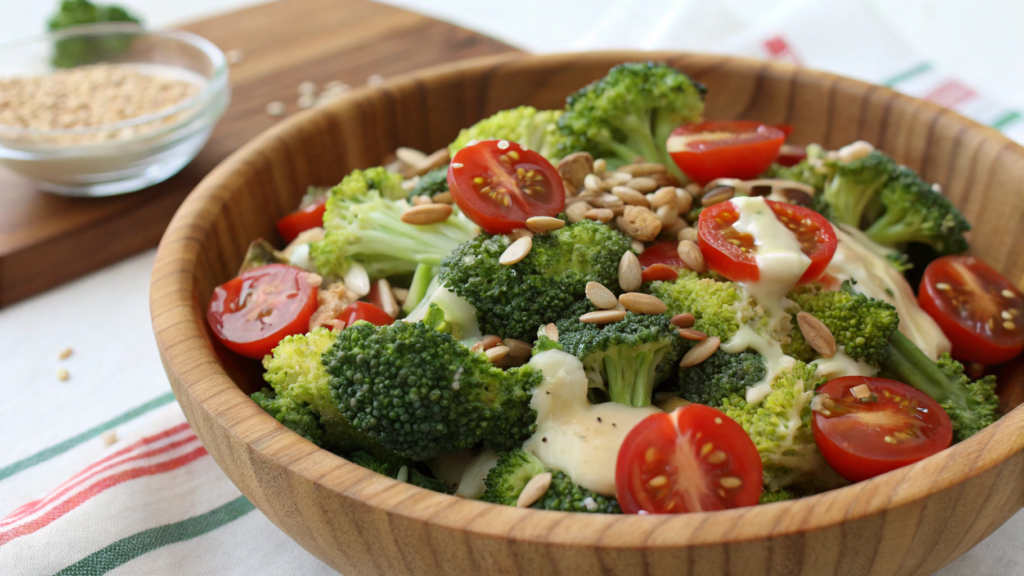 Broccoli salad with sweet tomatoes, seeds, and a creamy dressing in a wooden bowl