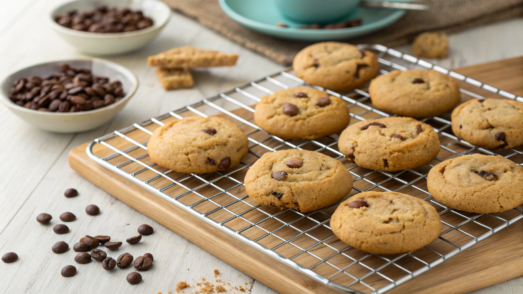 A batch of freshly baked coffee cookies with a cup of coffee beside them, creating a cozy, inviting atmosphere.