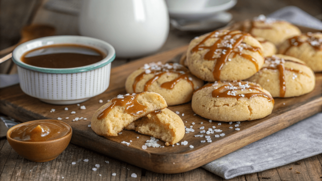 Freshly baked salted caramel biscuits with a drizzle of caramel and a sprinkle of sea salt, served