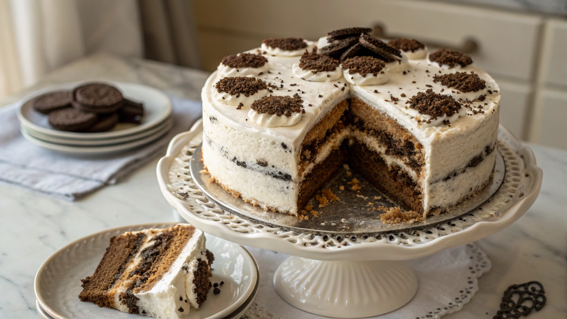 Delicious cookies and cream cake with white frosting, showcasing layers inside, perfect for the cookies and cream cake recipe.