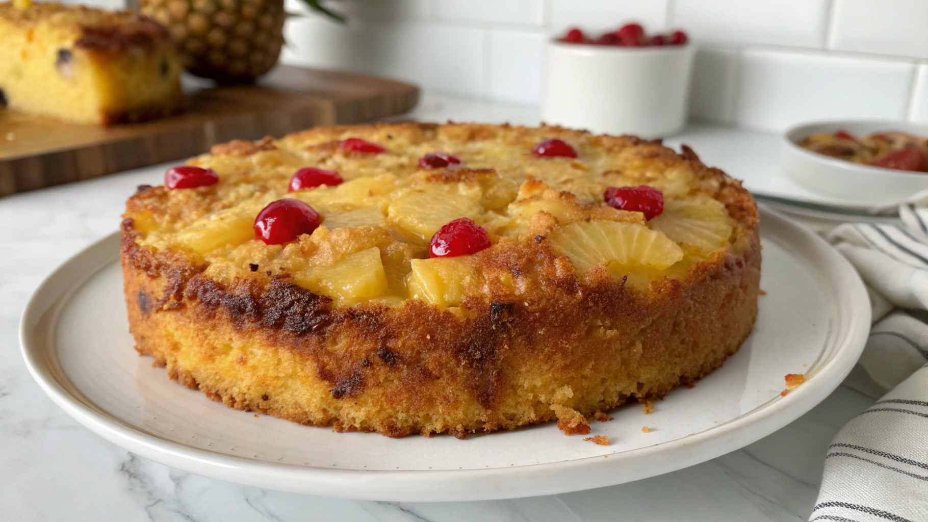 Close-up of a golden, freshly baked pineapple dump cake topped with pineapple chunks and maraschino cherries, served on a white plate.