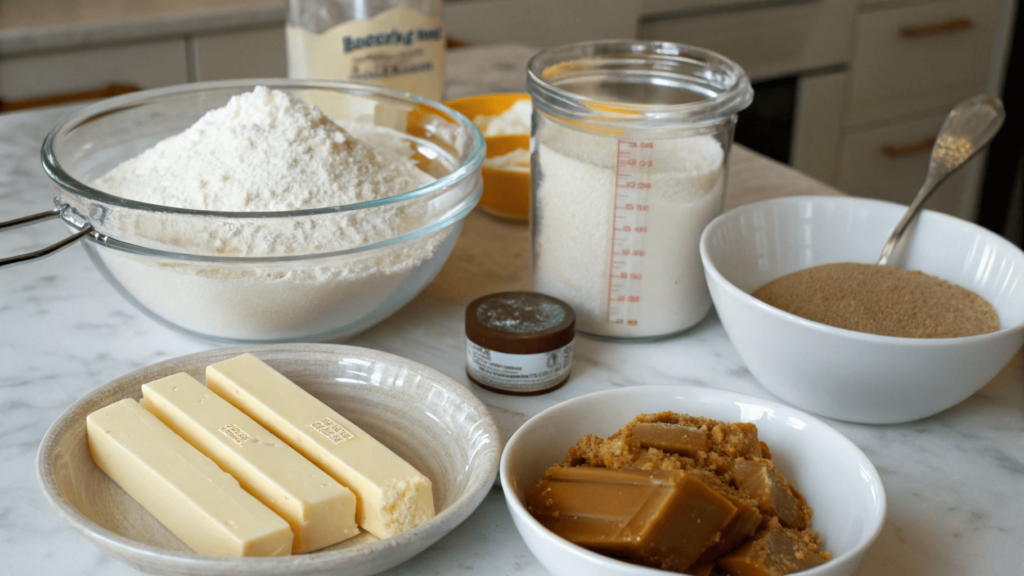 Kitchen countertop with ingredients for salted caramel biscuits, including flour, butter, and sea salt.