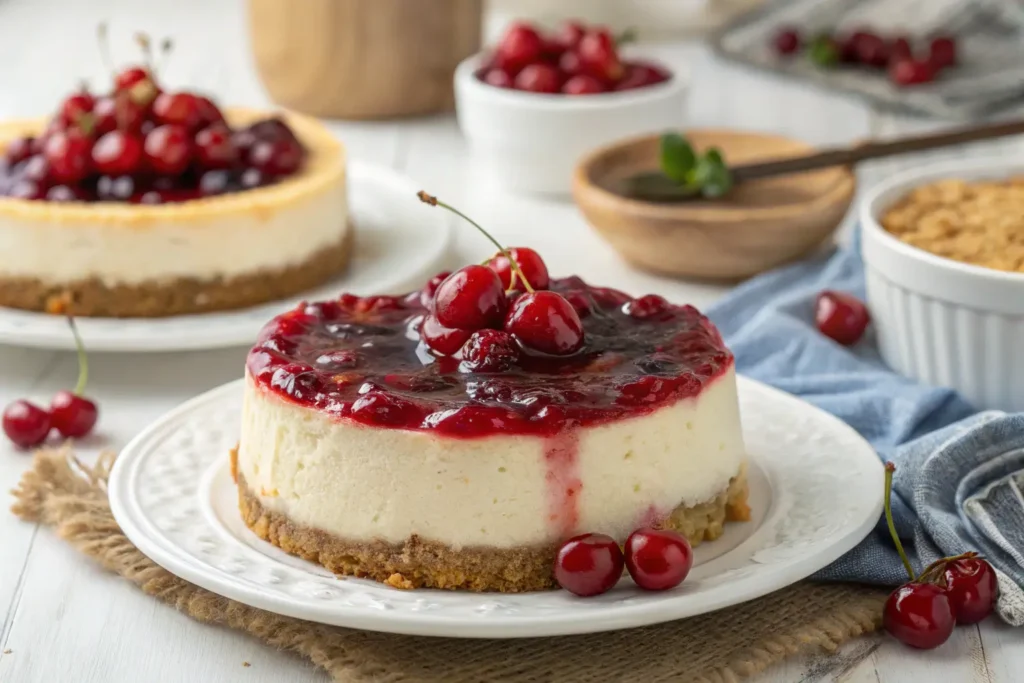 Cherry cheesecake recipe topped with sweet cherry sauce and fresh cherries on a graham cracker crust.