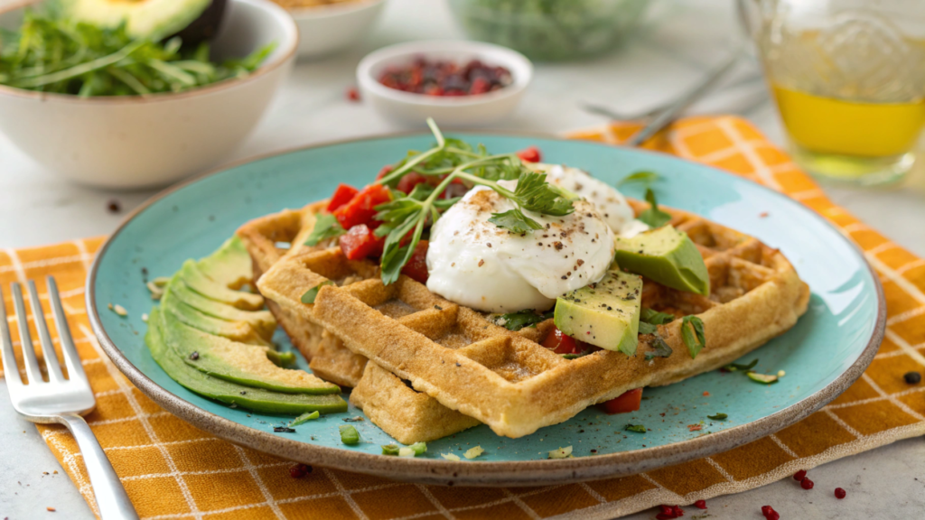 Savory almond flour waffles topped with avocado, poached egg, and fresh herbs.