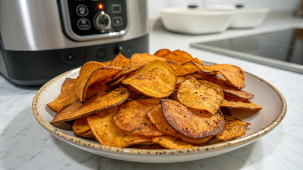 A plate of crispy, golden sweet potato chips made in an air fryer with a modern kitchen backdrop.