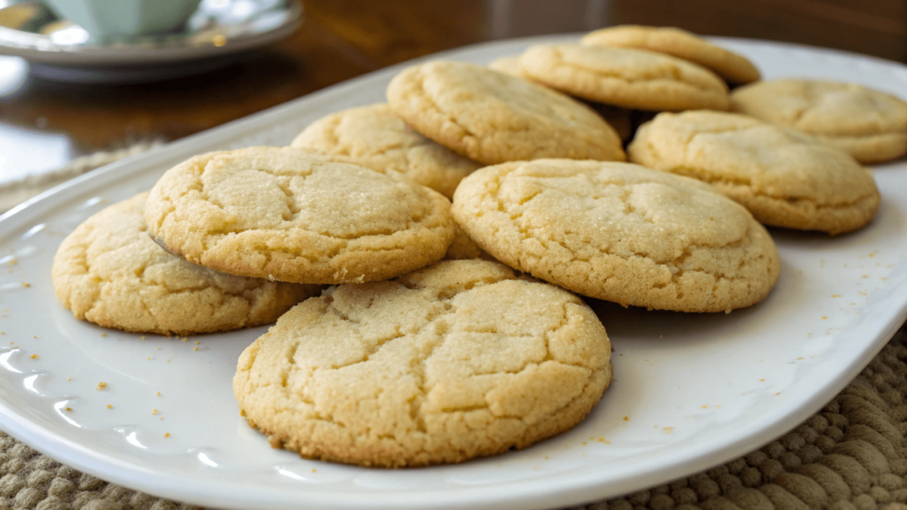 Freshly baked vanilla cookies with colorful sprinkles and a cup of coffee on a rustic wooden table.