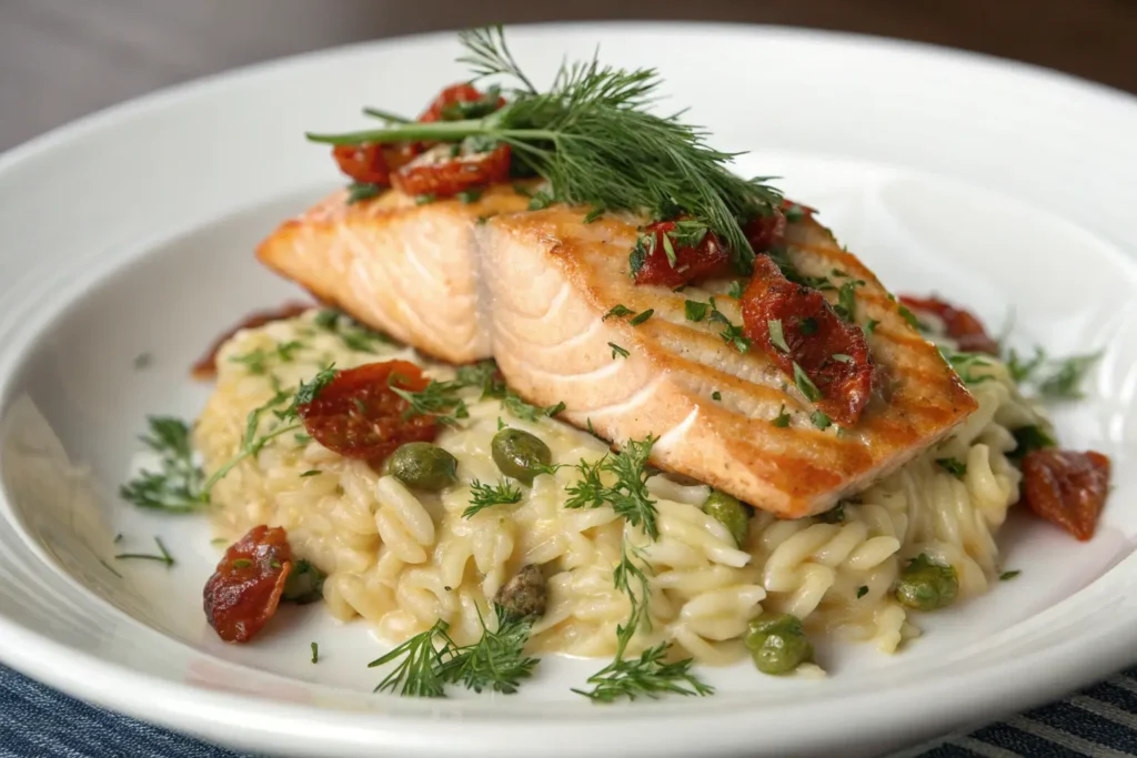 A beautifully plated dish of salmon on orzo pasta, garnished with dill, parsley, sun-dried tomatoes, and capers.