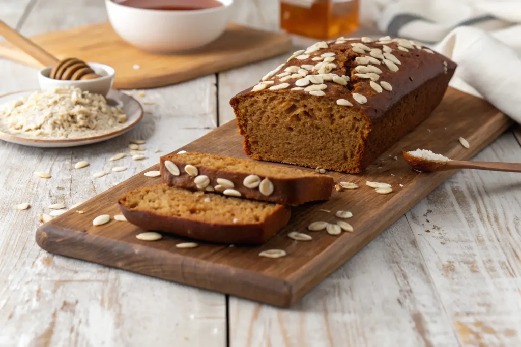 Cheesecake Factory bread with slivered almonds, sliced on a wooden board, served with honey and flour in the background.