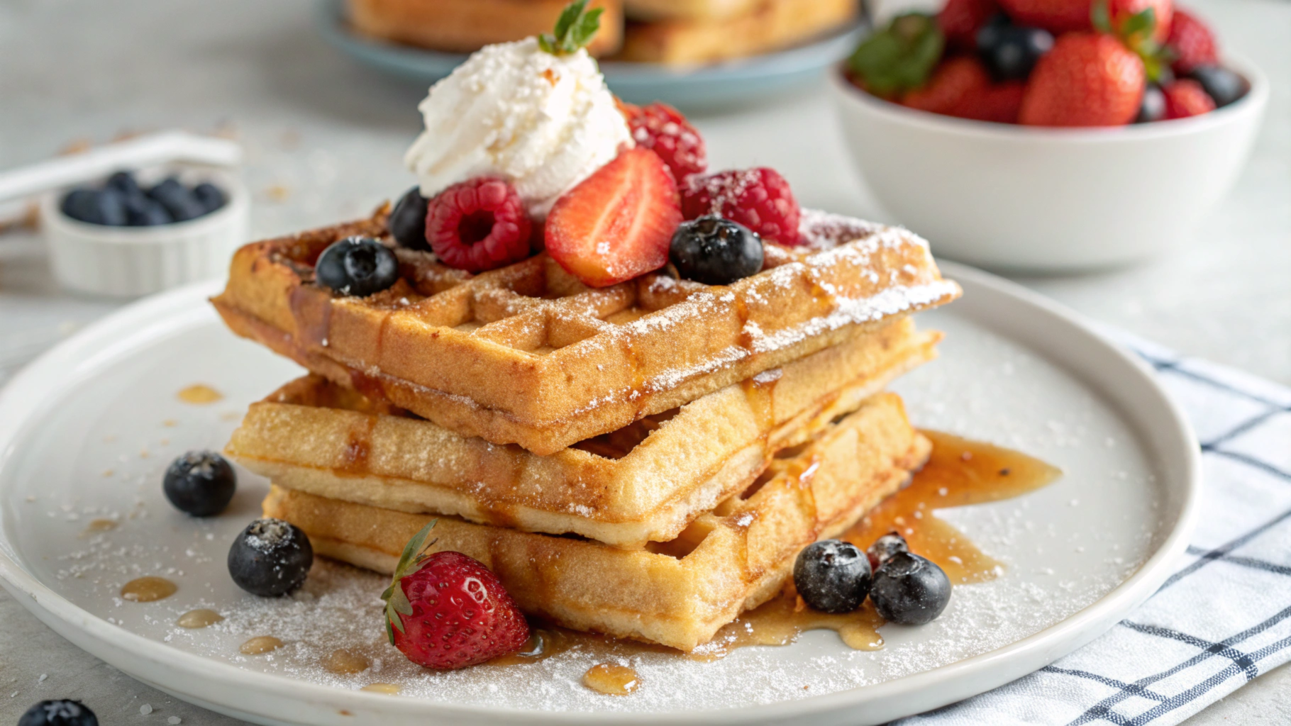 Delicious stack of almond flour waffles with berries, whipped cream, and sugar-free syrup.