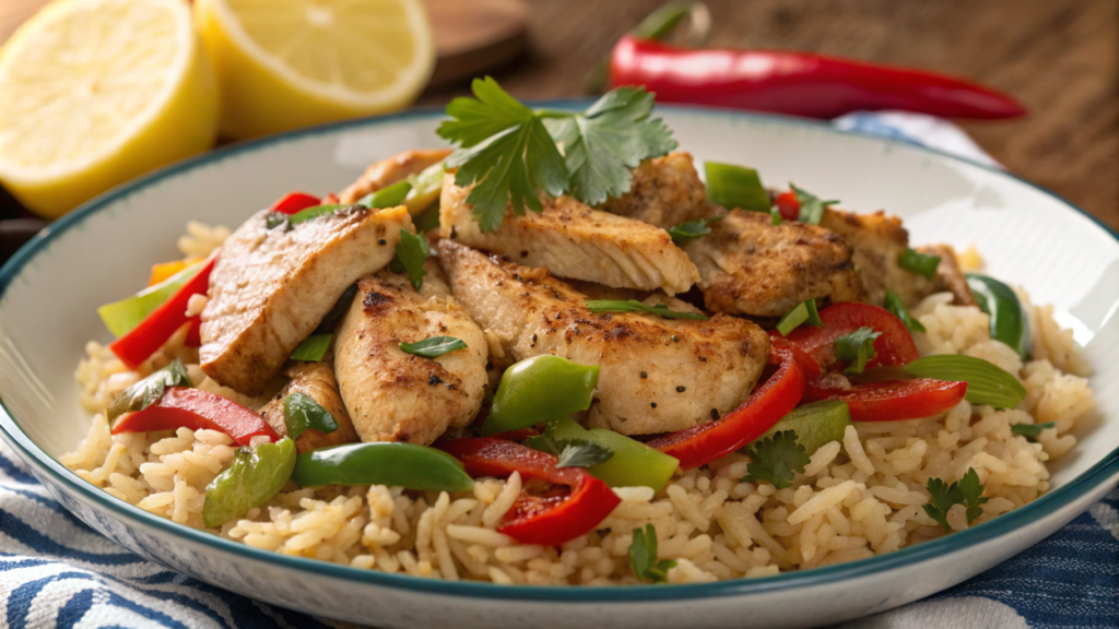 Old-fashioned baked chicken with rice, pimentos, and vegetables.