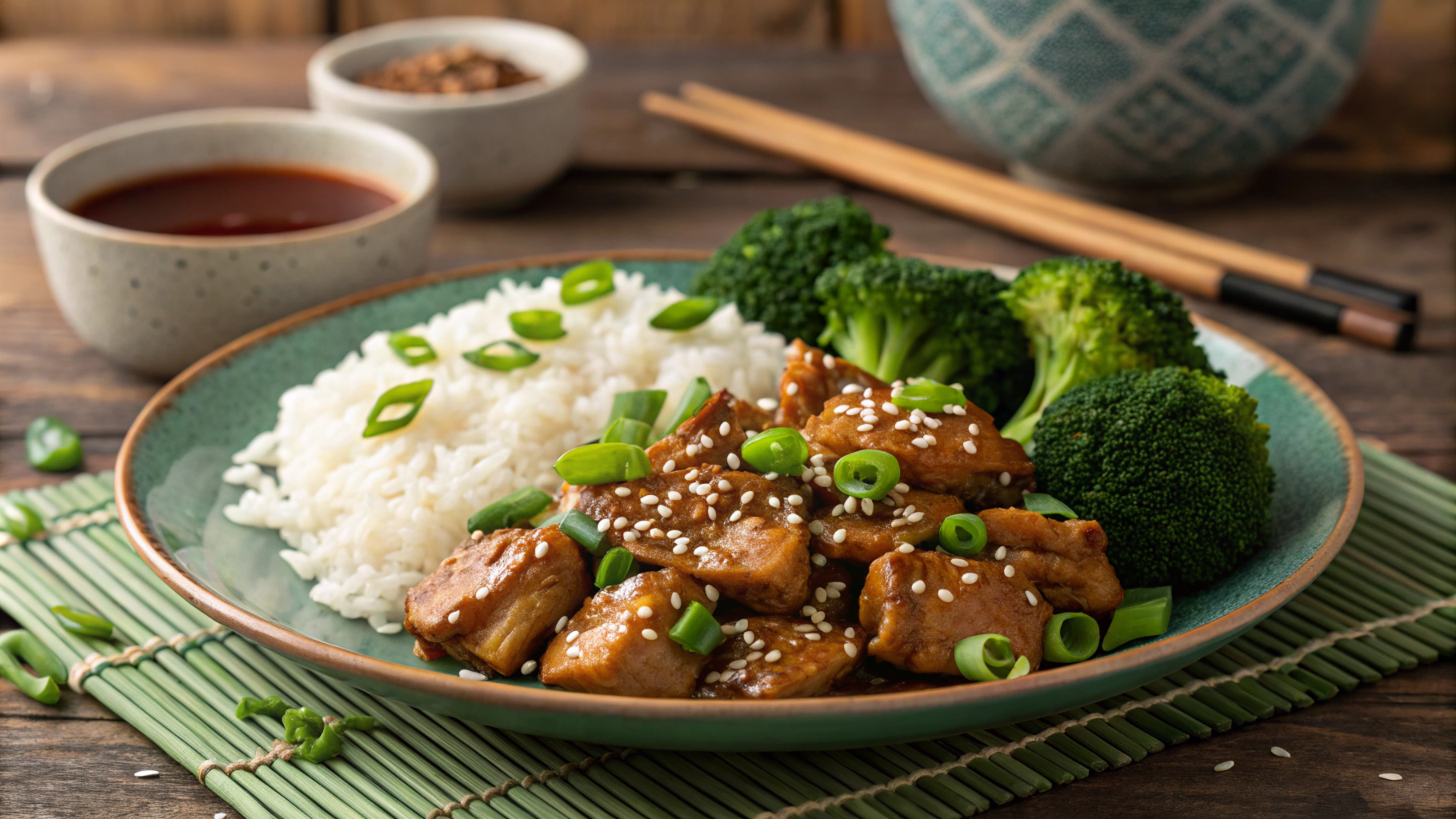 Delicious teriyaki chicken recipe served with steamed rice and vegetables.