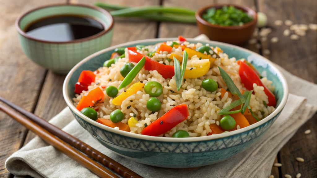 Delicious gluten-free fried rice with colorful vegetables and sesame seeds