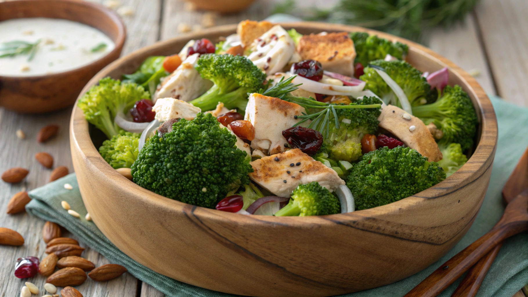 Chicken Salad Broccoli Salad with fresh broccoli, grilled chicken, red onions, raisins, sunflower seeds, and creamy dressing in a rustic bowl.