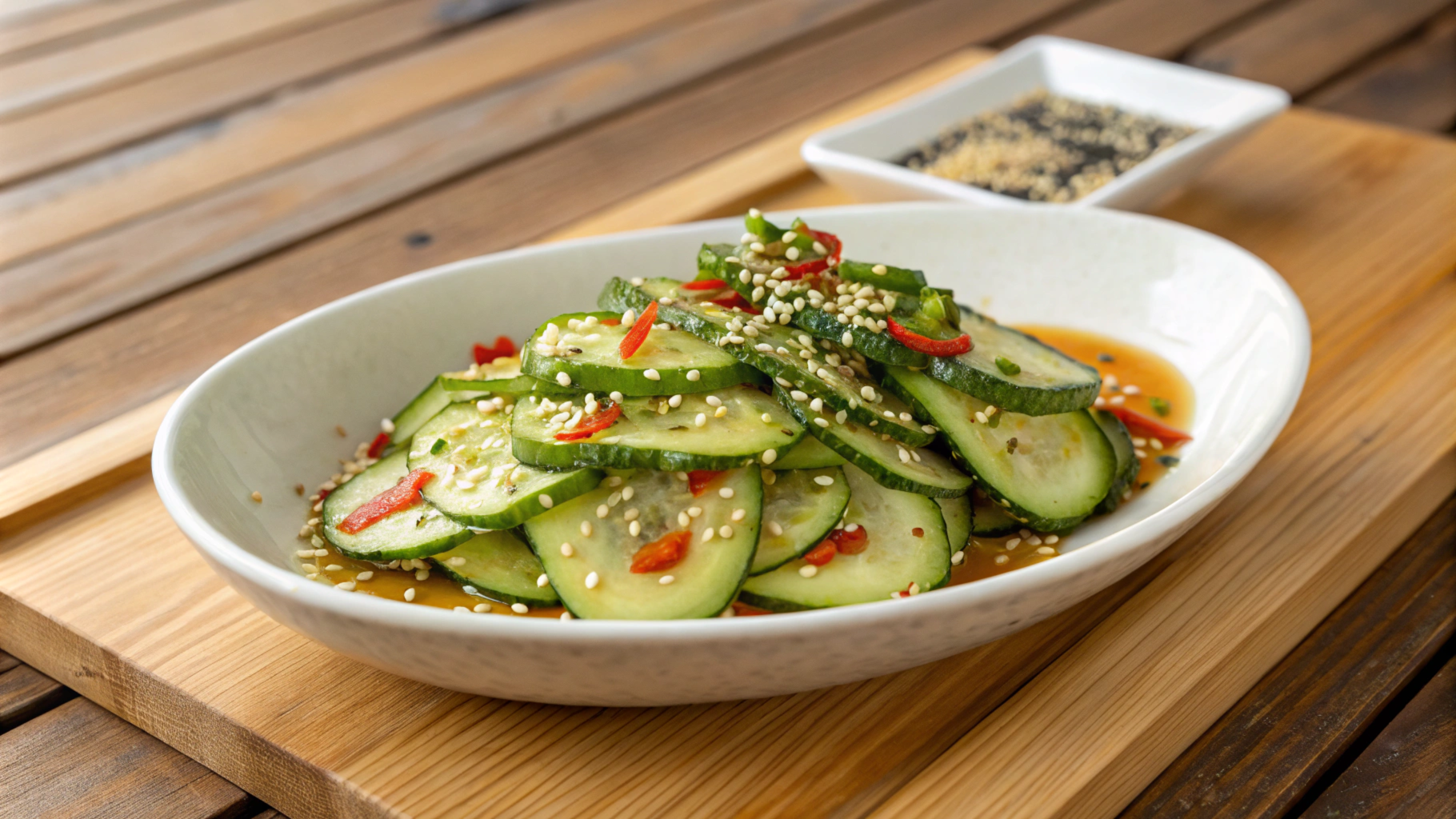 Delicious spicy cucumber salad recipe with sliced cucumbers and fresh herbs.