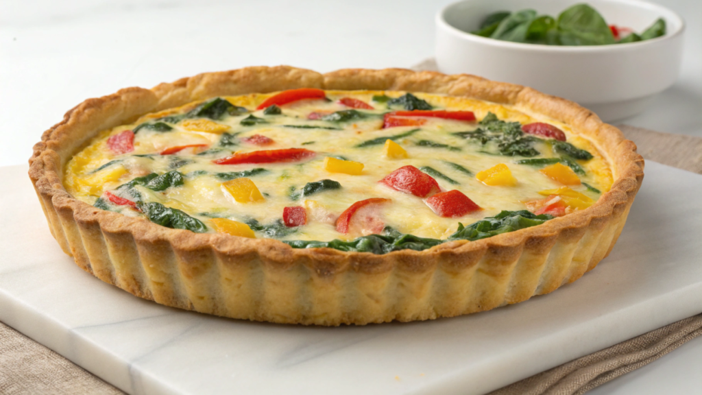 A delicious quiche potato recipe with golden crust, creamy filling, and tender potato slices, garnished with colorful vegetables.