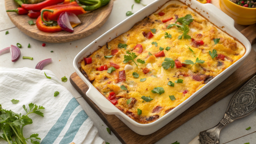 Freshly baked tortilla breakfast casserole with layers of eggs, cheese, and tortillas.