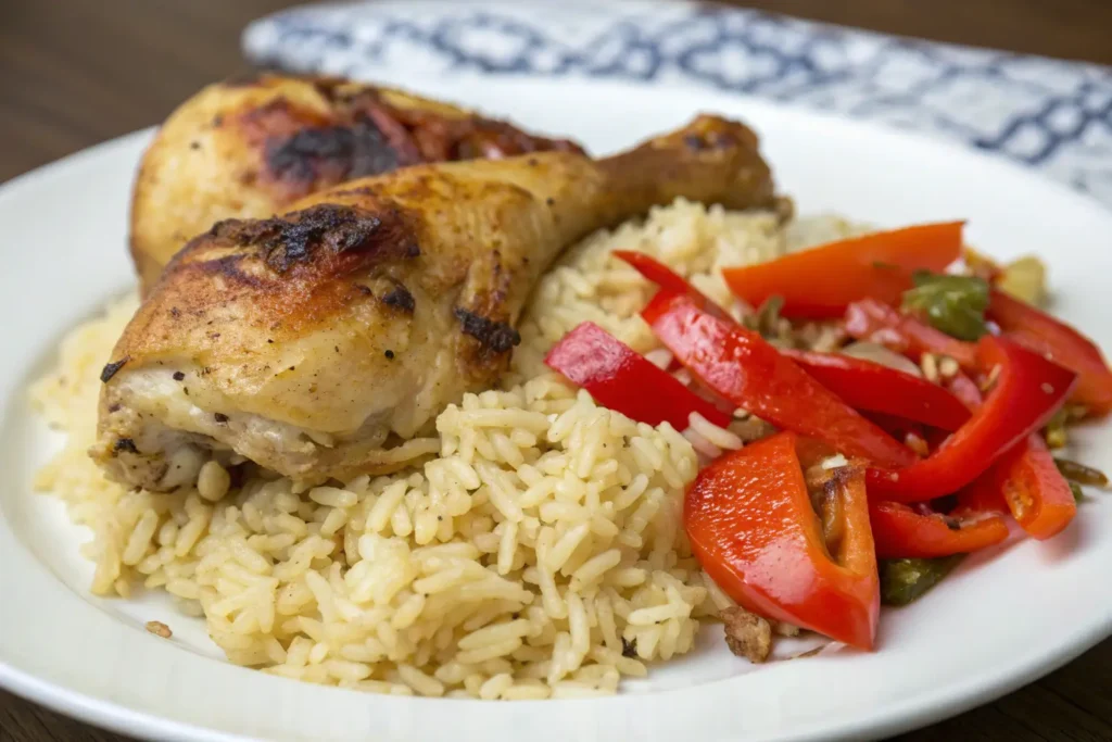 A plate of baked chicken with rice and pimentos, featuring crispy baked chicken, seasoned rice, and sautéed red pimentos, served on a white dish with a blue-patterned napkin in the background.