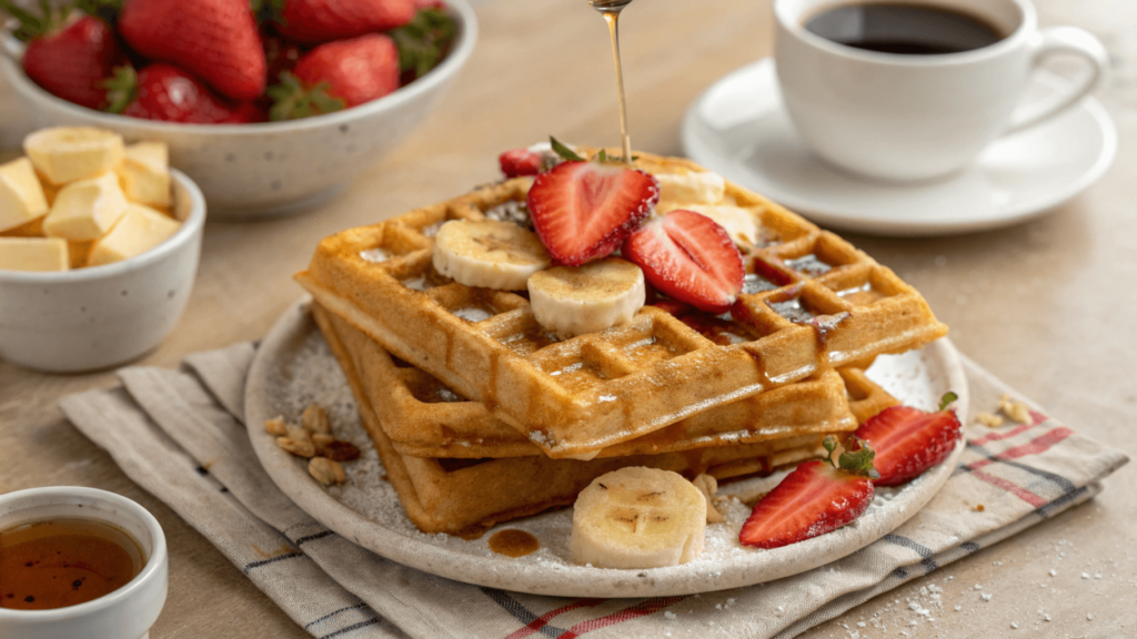 Golden waffles topped with sliced strawberries, bananas, and a drizzle of syrup, with a side of butter and coffee.