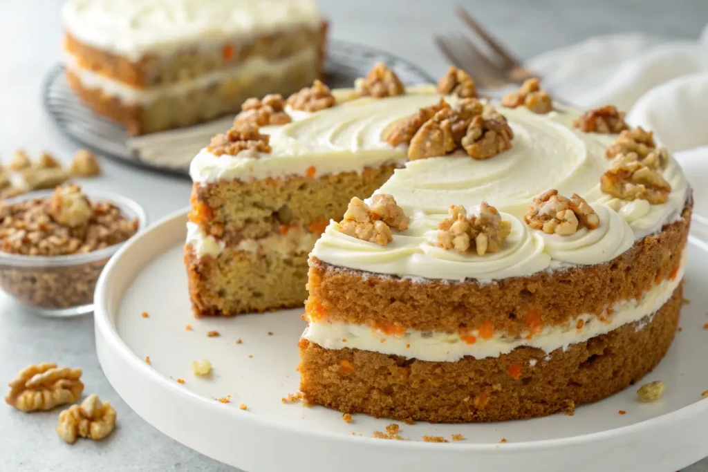 Betty Crocker carrot cake with cream cheese frosting topped with walnuts.