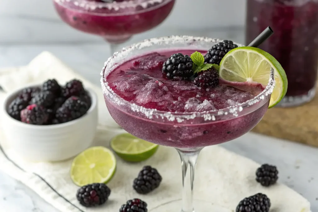 Blackberry margarita recipe served in a salt-rimmed glass, garnished with fresh blackberries and lime wedges.